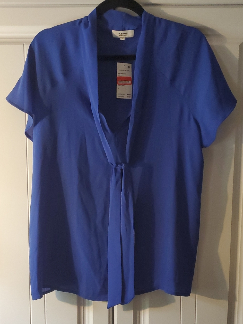 Pleione Royal Blue Tie-Neck Short Sleeve Blouse